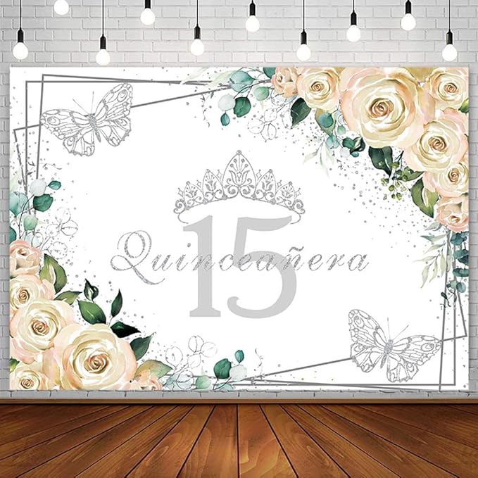 SENDY 10x7ft Quinceañera Backdrop Mis Quince 15 Anos Birthday Party Decorations Supplies for Girl Princess White Floral Silver Crown Butterfly Photography Background Banner Photo Booth Studio Props