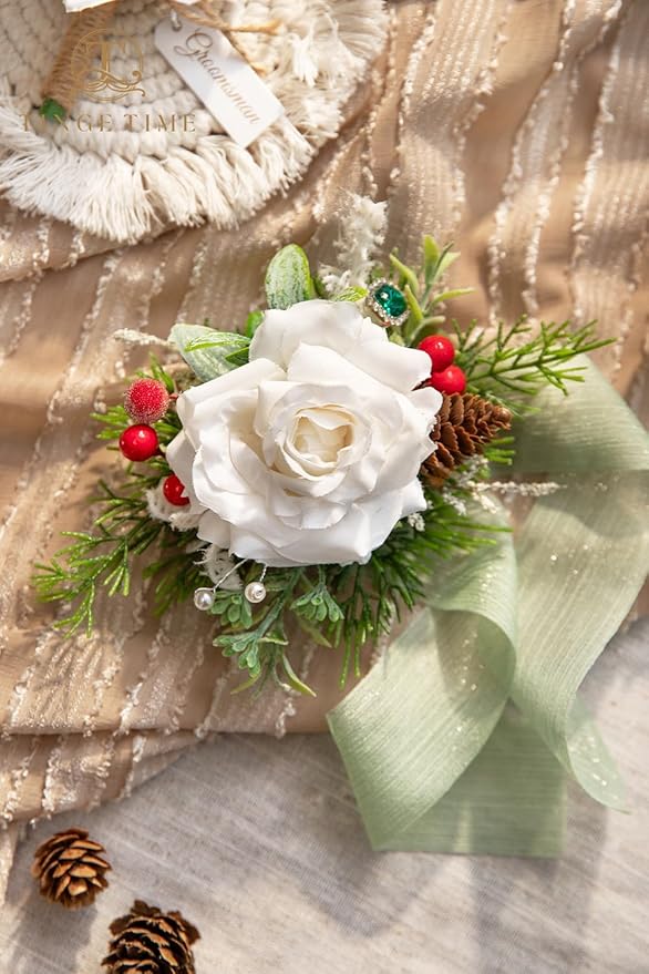 TINGE TIME White Corsage and Boutonniere Set, Prom Flower Wrist Corsage Bracelets, Boutonniere for Men Wedding Flowers Accessories Prom Suit Decorations