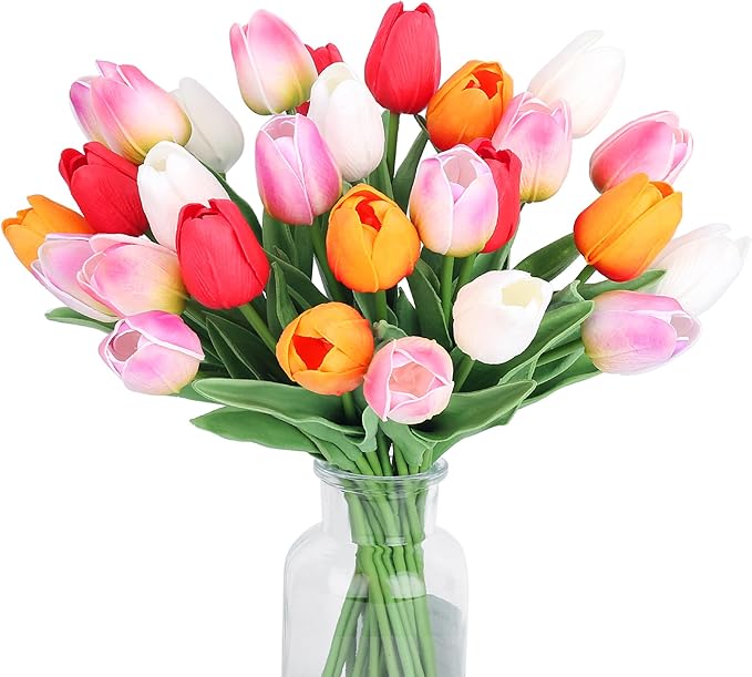 20pcs Tulips Artificial Flowers for Real Touch Fake Tulips Slik Faux Flowers for Summer Wedding Bouquet Mother's Day Decor (5 Color 14 Inches)