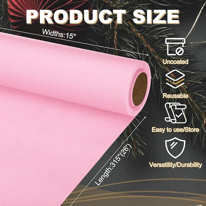 PATIKIL Wrapping Paper, 15"x315"(26') Bulletin Board Paper Roll Kraft Paper Roll Construction 80GSM for Shipping Packing Gift Wrapping Craft Flower Bouquet Christmas, Pink