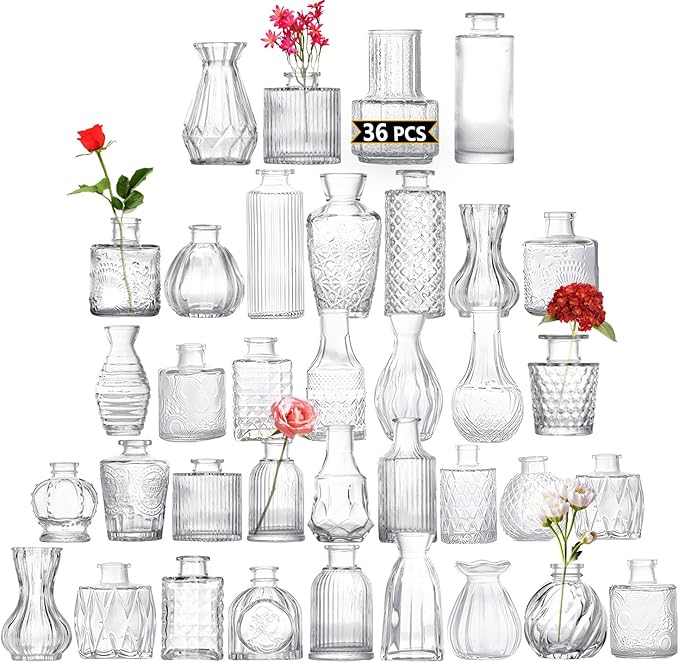 Glass Bud Vases Set of 36PCS, Small Flower Vases for Wedding Centerpiece Table Decoration, Vintage Vase in Bulk for Flower Arrangements, Mini Vase for Birthday Party, Festival Home Decor,Clear