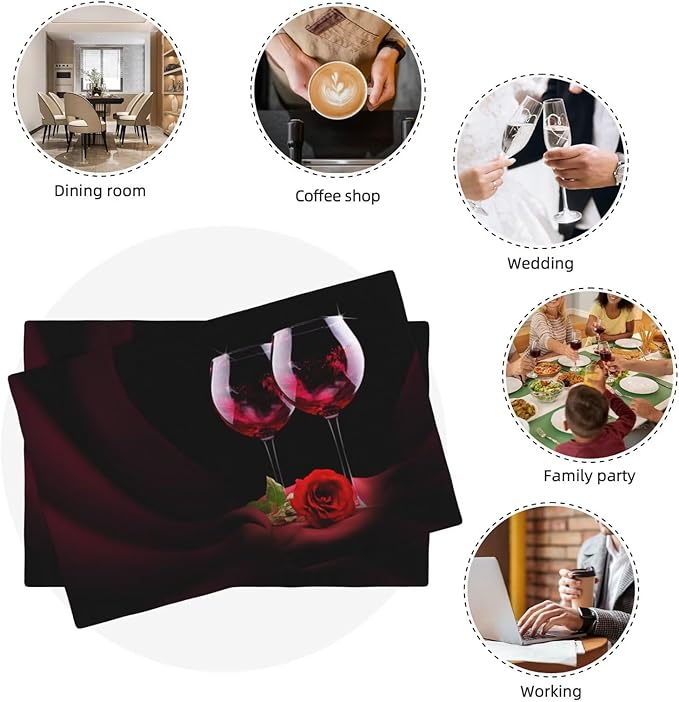 Red Wine Rose Linen Placemats Set of 6 Retro Romantic Rose Floral Art Placemat Indoor Outdoor Party Home Desktop Kitchen Dining Room Decoration 12x18 Inch