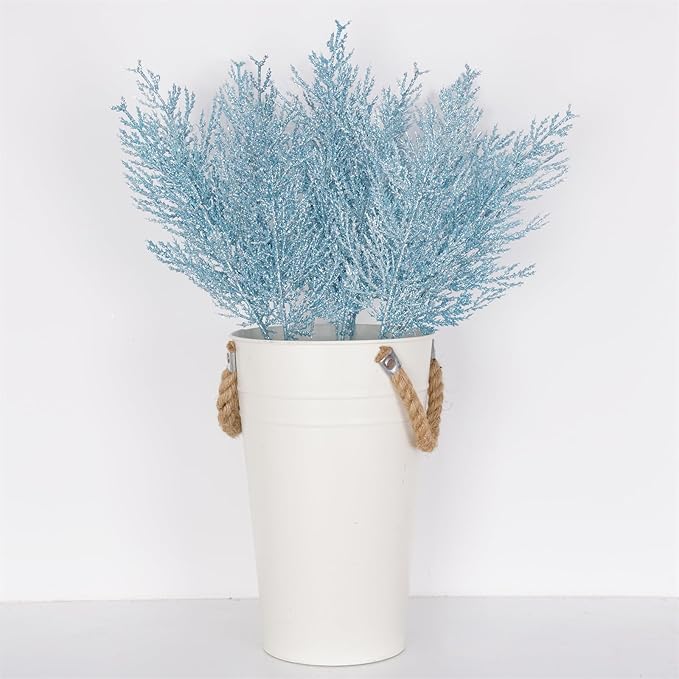 Christmas Glitter Stems 24pcs Artificial Pine Tree Picks for Christmas Tree Ornaments fillers, DIY Xmas Wreath, Crafts, Garland, Holiday, Party, Wedding and Home Decoration (Light Blue)