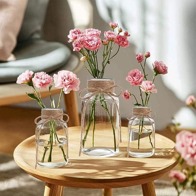 Vintage Glass Vases for Flowers, Set of 3 Clear Vases for Farmhouse Wedding Centerpiece Cylinder Bottle for Reception Table Decor Housewarming Birthday Floral Arrangements (S+M+L)