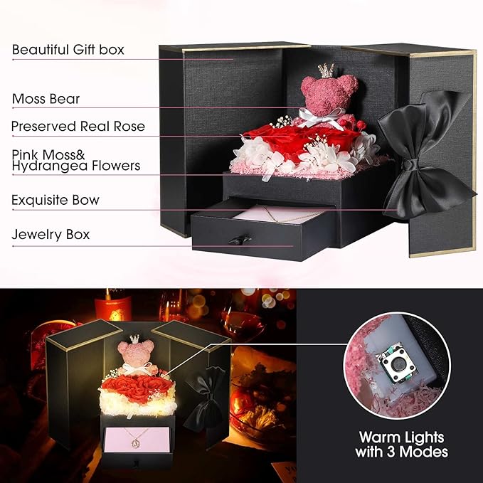 Cute Preserved Real Roses Bear Gift Box for Girlfriend with Initial Necklace A, Birthday Gifts for Women, Mom, Her, Grandma, Wife Birthday Gift Ideas