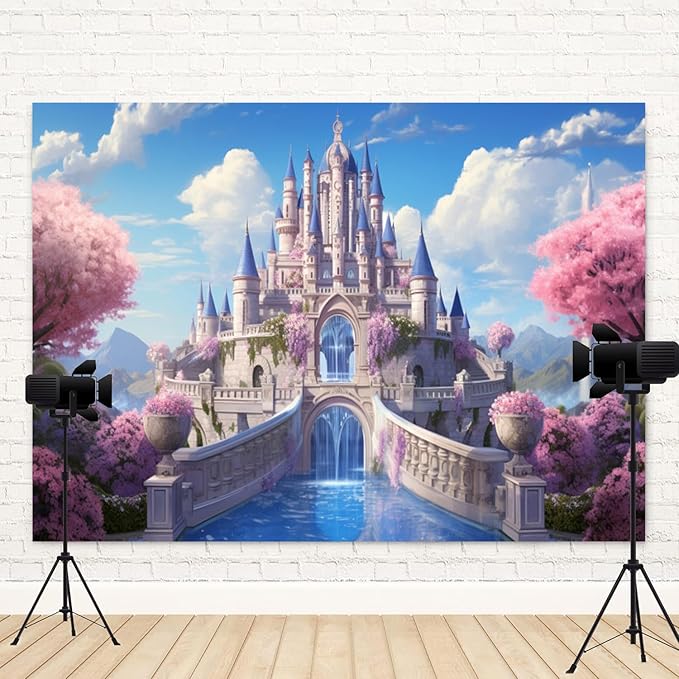 7x5ft Princess Castle Backdrop Pink Floral Blue Sky Photography Background White Cloud Forest Mountain Girls Birthday Baby Shower Banner Decorations Wedding Party Portrait Photo Booth Prop