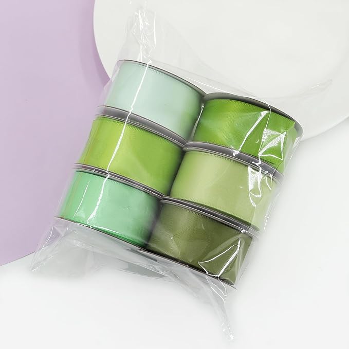 Sage Green Satin Ribbon Solid Fabric Ribbons 1'' inch Double-Faced Satin Ribbon for Gift Wrapping, Wedding, Birthday, Baby Shower Decor Floral Bouquet Crafts- 6 Colors X 5 Yards Each