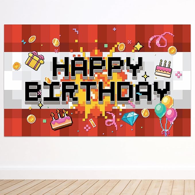 Pixel Happy Birthday Backdrop, 150x90cm/4.92x2.95ft Video Game Themed Banner Party Decoration Pixel Birthday Backdrop for Boys Girls Party Supply