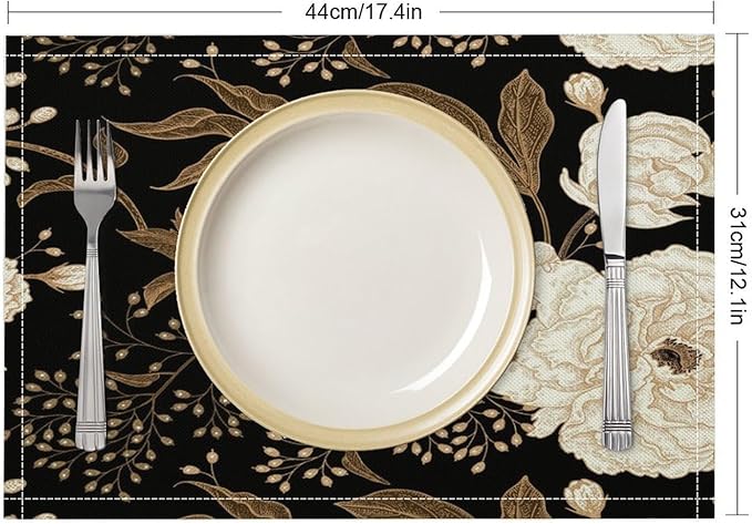 Black Gold Floral Placemats Set of 8, 17x12 Inch Abstract Vintage Rustic Flower Botanical Aesthetic Art Print Table Mats for Home Party Kitchen Dining Decor