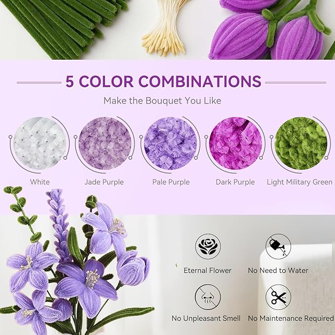 500 Pcs Pipe Cleaners for Crafts – 5 Colors Chenille Stems with Glue Guns & Tape Measure – Perfect for DIY Projects, Holiday & Room Decorations, Arts and Crafts Activities (Purple, 12in x 8mm)