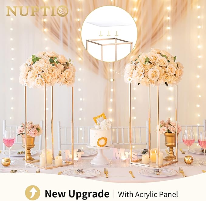 Nuptio Gold Vase for Wedding Centerpieces with Acrylic Panel - 2 Pcs 23⅝ inch Tall Vases Centerpiece for Tables Home Party Decorations