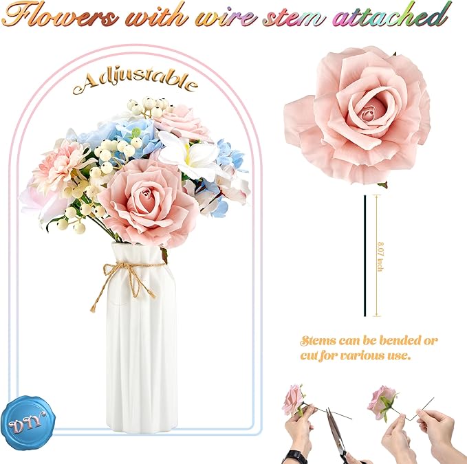 Artificial Flowers, Fake Flowers for DIY English Pastel Flower Box Wedding Bouquet Table Centerpieces Baby Shower Gender Reveal Party Home Décor