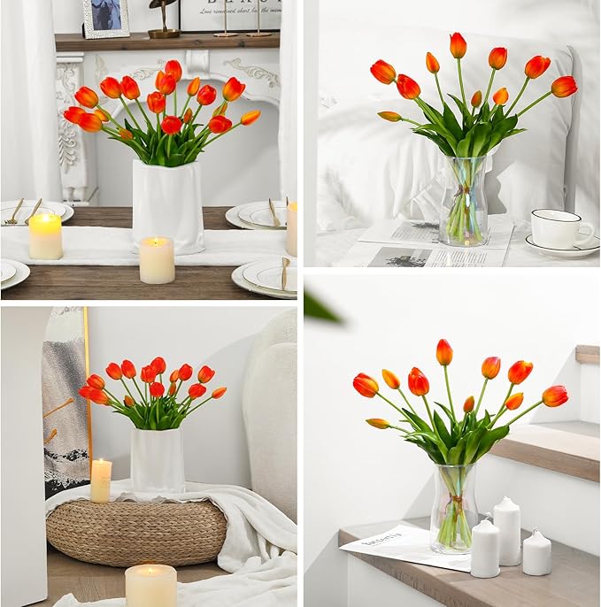 Fake Tulips Artificial Flowers Real Touch Latex Faux Tulips Fake Flowers Bouquet for Table Home Decor Party Wedding Garden Decoration (10pc Orange)