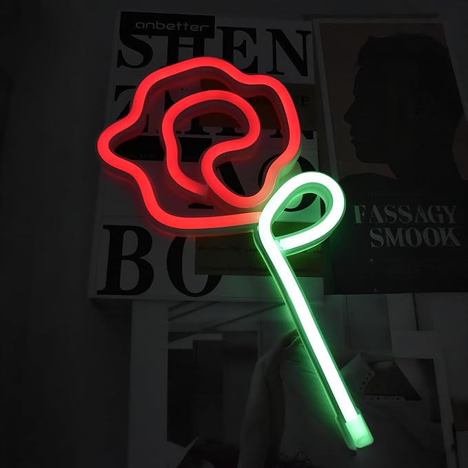 Rose Neon Sign - Red rose Flower with Green Stem Neon Art Wall Decor USB or 3-AA Battery Powered Operated for Girls Bedroom Birthday Gift Party Wedding Rose Lights for Bedroom (Red*2)