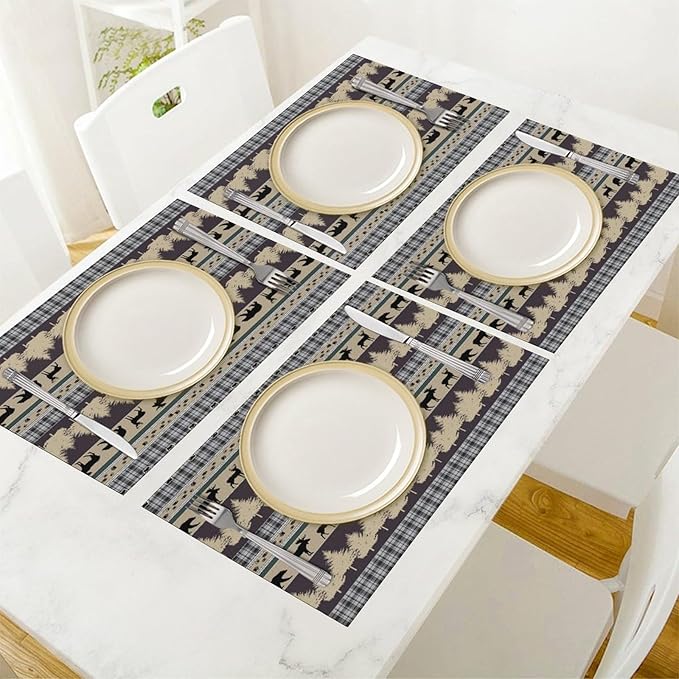 Rustic Deer Placemats Set of 6,Wild Bear Deer Paw Print Decor Kitchen Mats for Pattern Rustic Farmhouse Style Place Mats for Dining Table 12x18 Inch 6 PCS