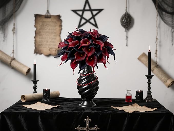 24 Pcs Artificial Calla Lily Flowers Fake Silk Flowers Real Touch for Halloween Wedding Bouquet Office Home Kitchen Decor (Black Red)