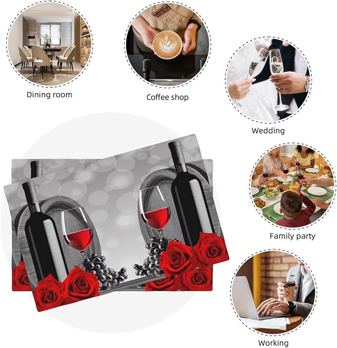 Wine Linen Table Placemats Set of 4 Red Rose Wine Barrel Print Placemat Indoor Outdoor Party Home Desktop Kitchen Dining Room Decoration 12x18 Inch
