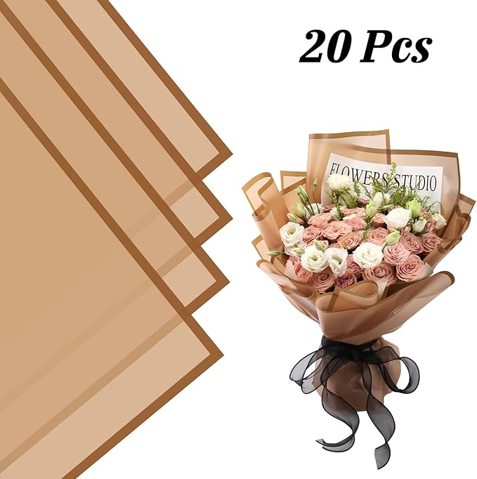 Rumvan Flower Wrapping Paper, 20 Sheets, Waterproof, Floral Bouquet Design, for Wedding, Birthday Gift, DIY Florist Supplies (coffee colour)