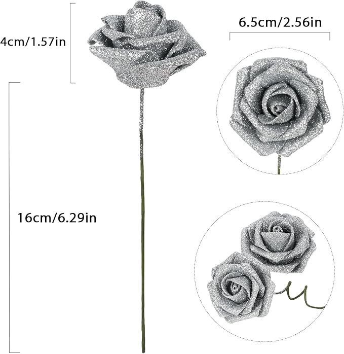 Glitter Silver Roses Artificial Flowers 30pcs Silver Flowers Artificial Roses with Stems Glitter Roses for Wedding Corsage Floral Bridal Shower Centerpieces Table Decor