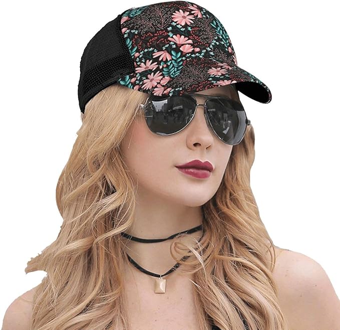 Tropical Pink Flowers Hats Women Men Hawaii Trucker Hat Adjustable Snapback Mesh Baseball Cap Hat