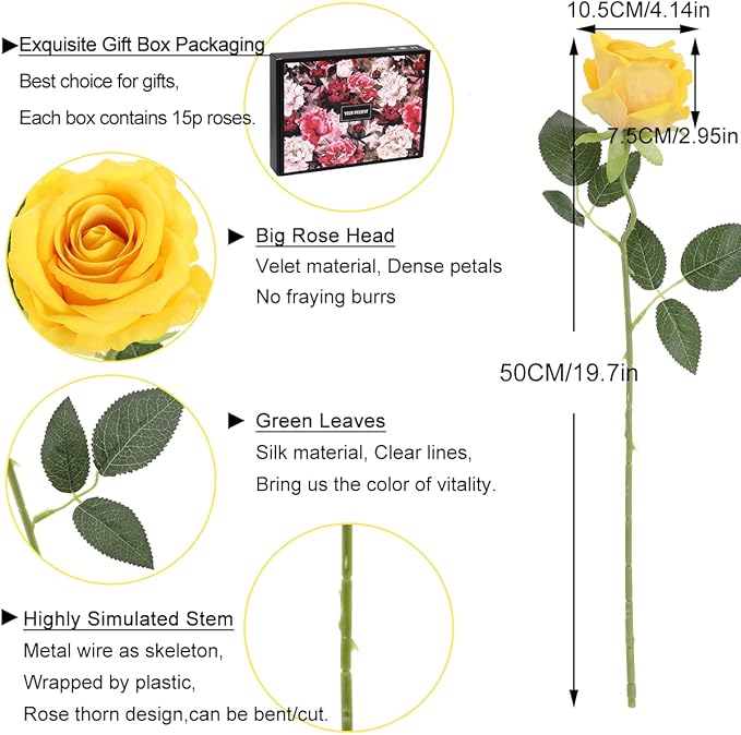 15Pcs Yellow Roses Artificial Flowers Fake Roses Long Stem Velet Rose Silk Flowers for Home Wedding Decoration (Round Rose,Yellow)