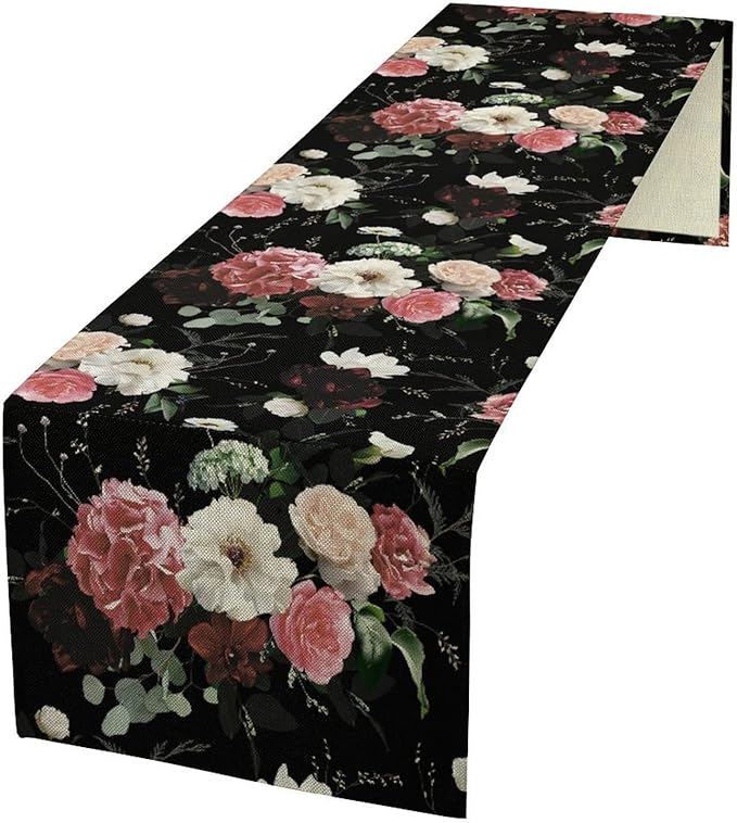Floral Table Runner,Vintage Gothic Flowers Plant Prints Table Runner for Home Kitchen Table Decor Dining Coffee Room Party Decor 13x90 Inch