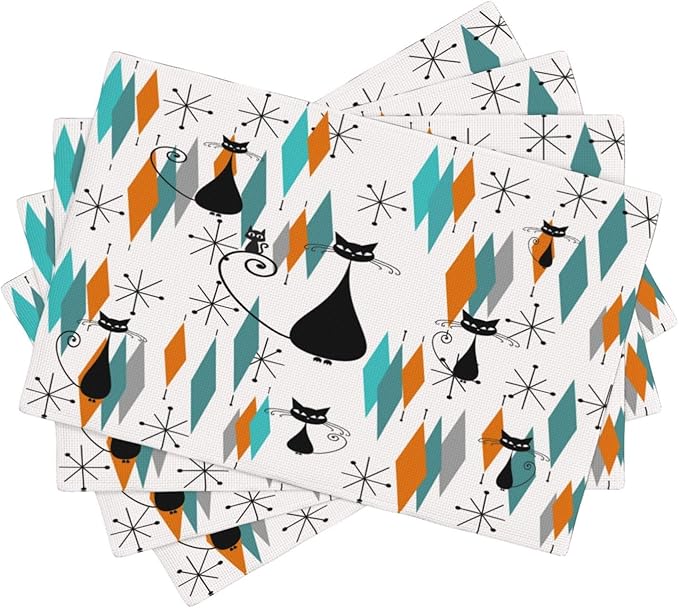 Mid Century Placemats, Modern Minimalist Art Abstract Geometric Atomic Star Explosion Black Cat Print Washable Fabric Placemats Table Kitchen Dining Party 12x18 Inch Set of 6