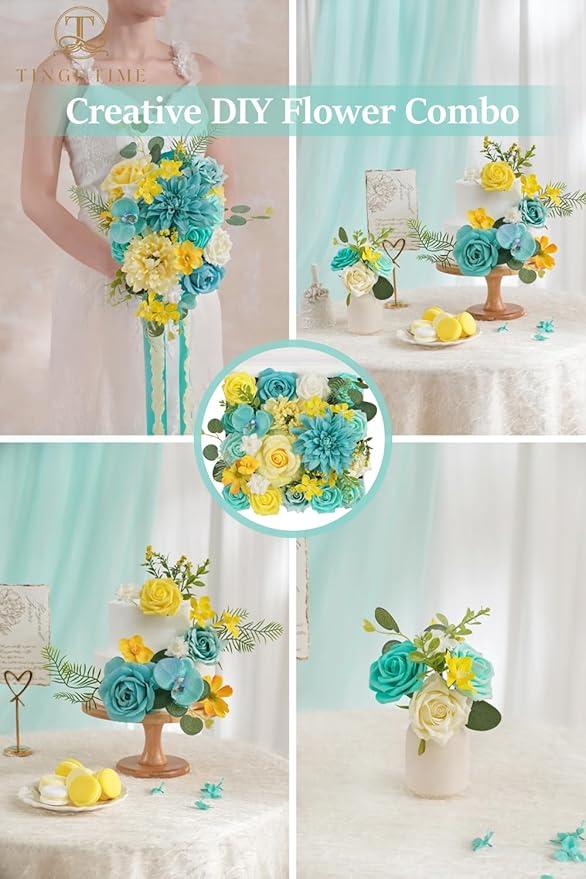TINGE TIME Artificial Flowers Combo Set Teal Blue & Yellow Flowers Mix Silk Flowers Roses with Stem for DIY Wedding Bridal Bouquets Baby Shower Floral Arrangement Table Centerpieces Home Decorations