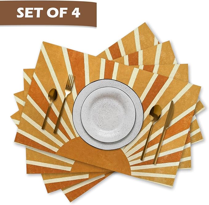 Boho Placemats Set of 4, 70s Retro Boho Neutral Sun Sunshine Placemats, Boho Mid Century Modern Table Mats Place Mats for Kitchen Dining Table Decoration 16.9x11.4 Inch