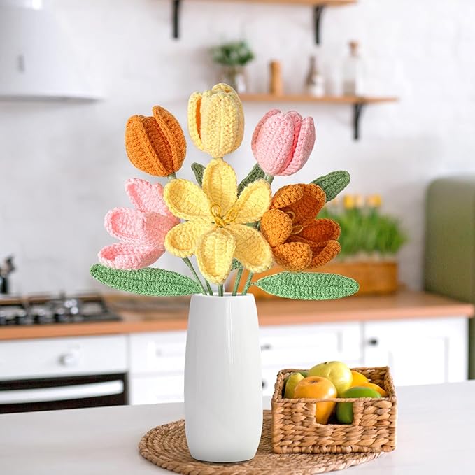 Dremisland Crochet Flowers 6PCS Crochet Tulips Finished Handmade Knitted Flowers Crocheted Bouquets Pastel Floral Gift for Mothers Girls Friends Teacher Gifts for Women,Graduation Flower Home Decor