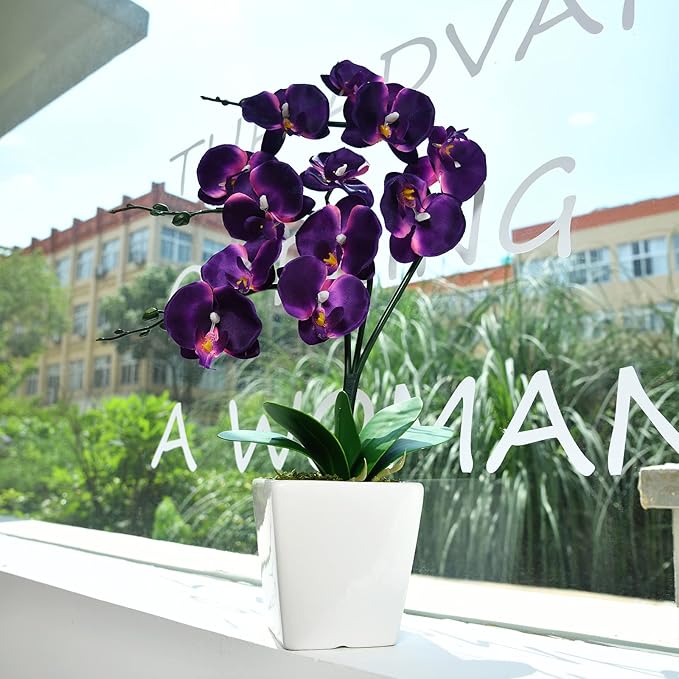 15" Tall Artificial Silk Phalaenopsis Orchid Flower Plant Pot Arrangements (Dark Purple)