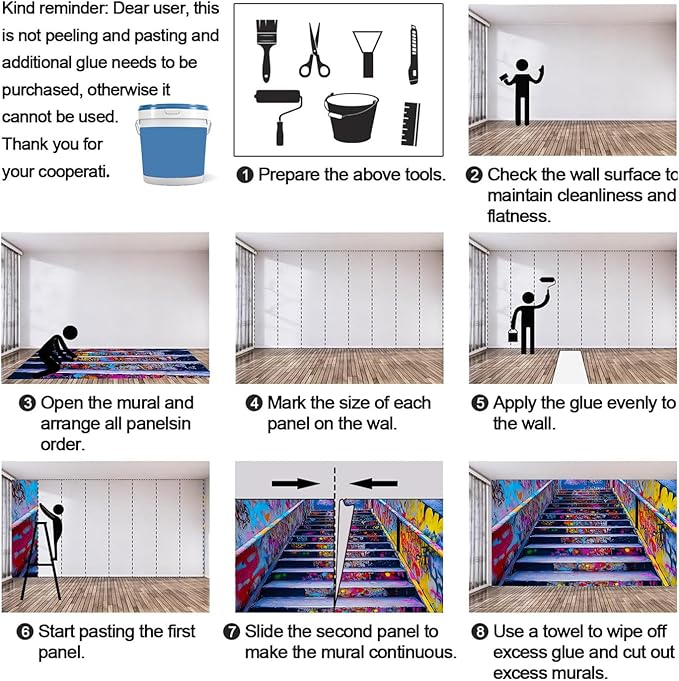 Graffiti Staircase Wall Mural, Urban Street Art 3D Wall Murals, Modern Hip-Hop Colorful Graffiti Steps Wallpaper Mural, for Living Room Bedroom Large Wallpaper Indoor Decor 169.3" W x118.2 H