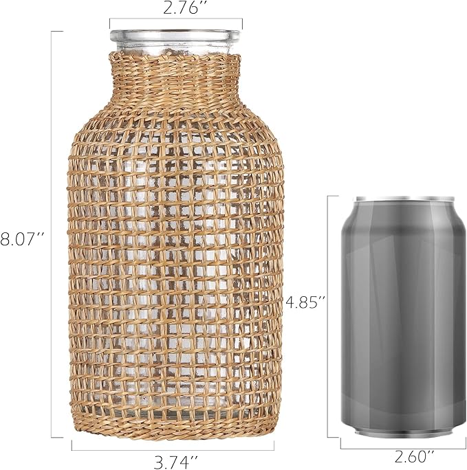 WHJY Boho Glass Vase, Rattan Vase, Farmhouse Rattan Décor, Round Flower Vase Basket Vase for Floral Arrangements -8 inch
