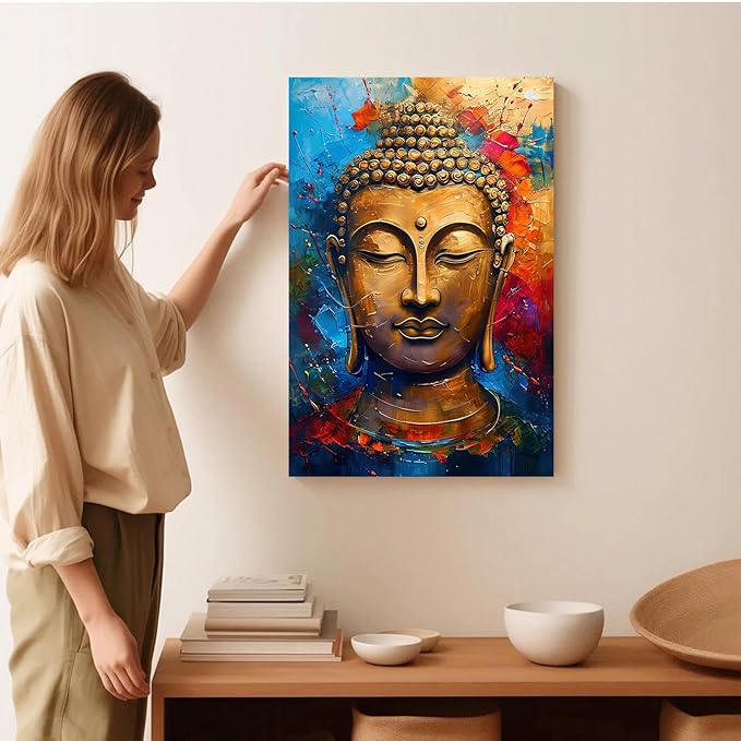Golden Serenity Buddha Vintage Painting Wall Art Spirituality and Modern Art Wall Decor Adds Brilliance to Vibrant Home Decor 12x18in Wood Framed