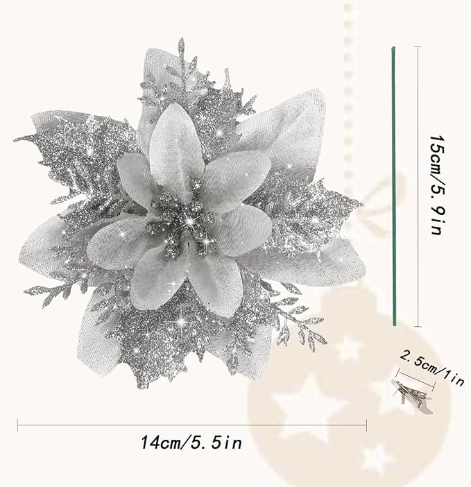12 PCS Poinsettia Flower Artificial Silver Christmas Flowers Artificial 5.5'' Glitter Poinsettias Artificial Christmas Tree Flower with Clips DIY Xmas Wreath Holiday New Year Home Party Decor