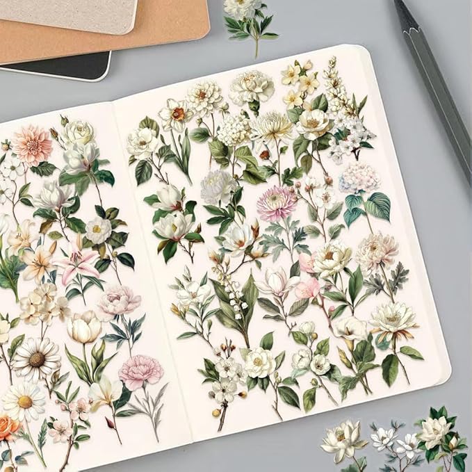 50 Pcs Vintage Flower Stickers,Waterproof PET Sticker Self-Aesthetic Floral Decoration for Journaling, Laptop, Guitar, Phone Case DIY Scrapbooking