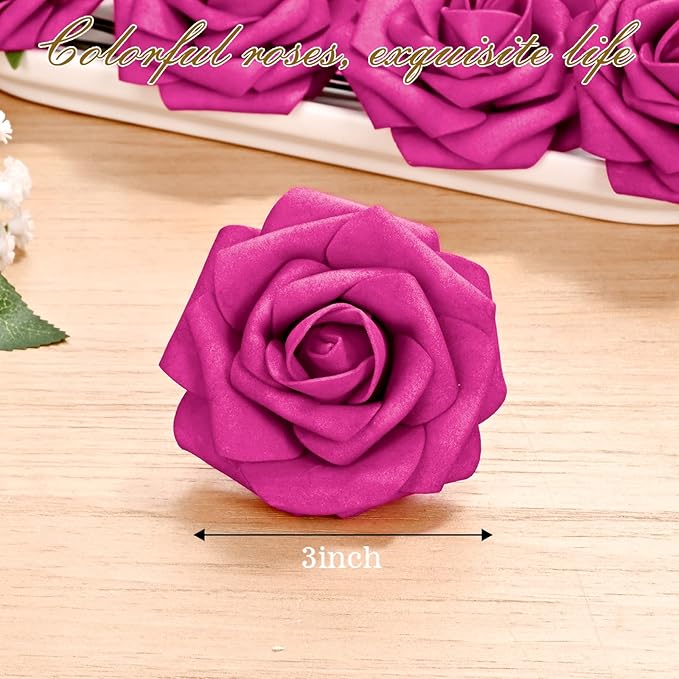 BLEUM CADE 36Pcs Artificial Flowers Fake Roses with Stems, Rose Red Boxed Foam Roses for DIY Bouquets Centerpieces Wedding Party Arrangement Bridal Shower Decor