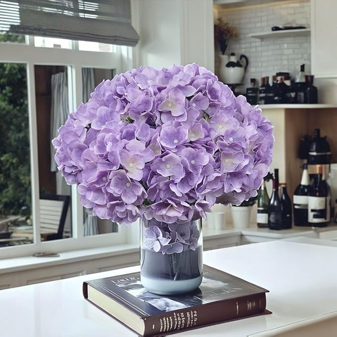 2Bouquets Artificial Fake Flowers Plants Silk Hydrangea Arrangements Wedding Bouquets Decorations Plastic Floral Home Kitchen Garden Party Festival Bar DIY (Lavender,5 Flower Heads)