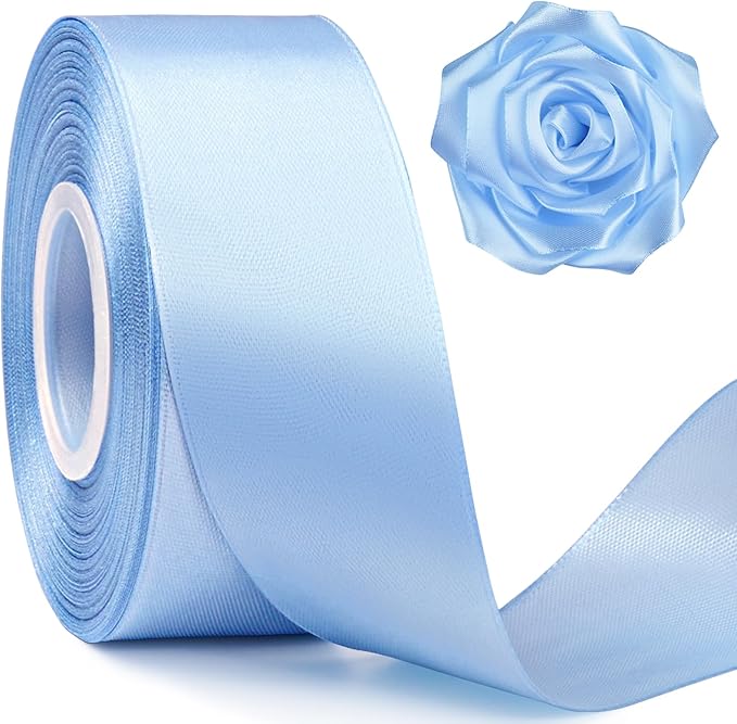 1-1/2 Inch Wide Sky Blue Satin Ribbon, 50 Yards Solid Polyester Fabric Ribbon for Roses Making, Gift Wrapping, Christmas, Wedding Decorations, Crafts, Bows