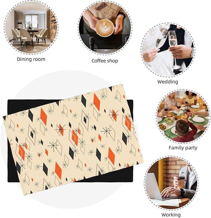 Mid Century Modern Placemats Set of 6,Kitchen Table Mats for Dining Outdoor Home Decor 12x18 Retro Place Mats 6 PCS, Style-16