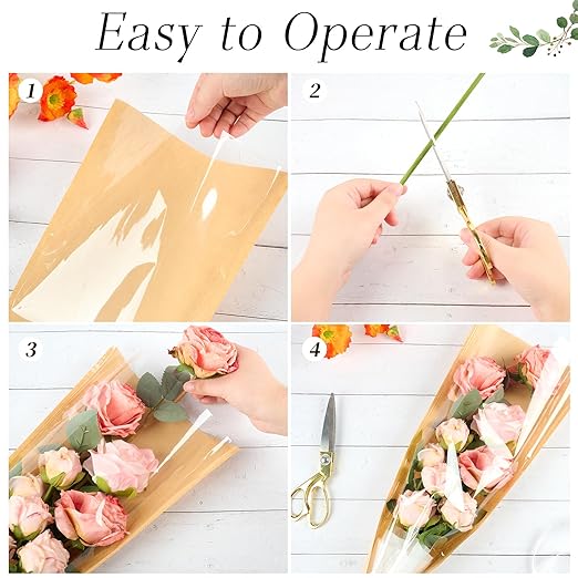 CLUEWR 50 PCS Flower Bags for Bouquets, Floral Wrapping Sleeves with Ribbons Florist Wrap Supplies, 24.8 x 8.7 Inches