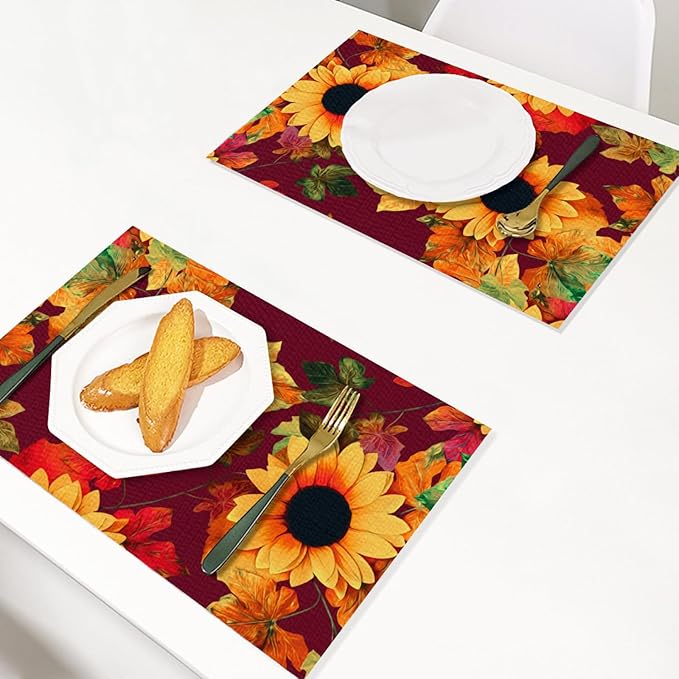 Placemats Set of 4 Waterproof Oilproof Table Mats Vintage Sunflower Pattern Washable Wipeable Heat Resistant Easy to Clean for Indoor Outdoor Party Kitchen Dining Table Decoration 12 * 18in