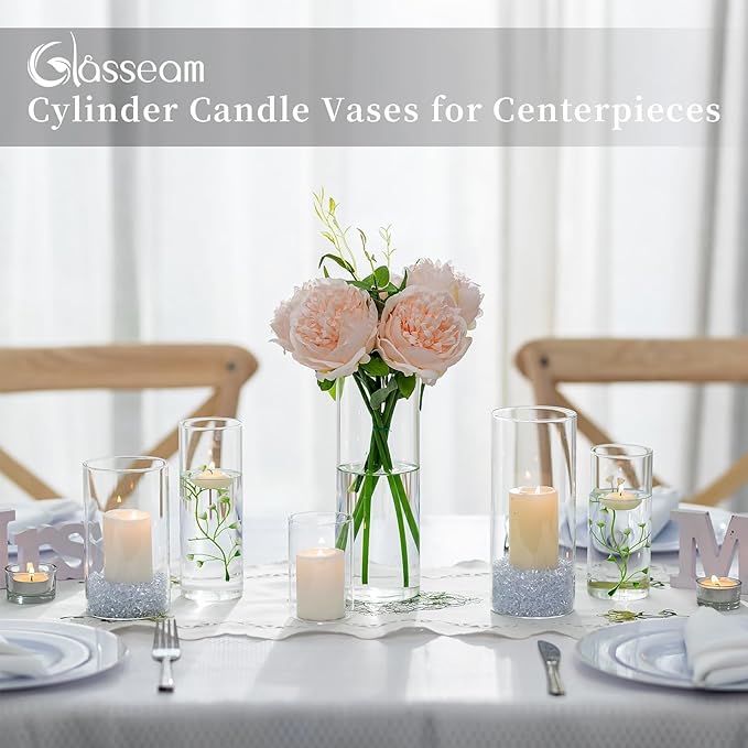 Glasseam Clear Glass Cylinder Vase, 6pcs Glass Vases for Centerpieces, Modern Floating Candle Vases for Flowers, Hurricane Vase Decor Candle Holder for Pillar Candles Wedding Deco (5.5"/7.5"/9.5")