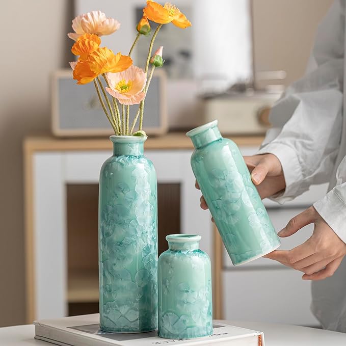 Modern Ceramic Vase Set of 3, Green Crystalline Glaze Colors, Decorative Bottles for Home, Farmhouse Rustic Decor (Crystalline Glaze Green)