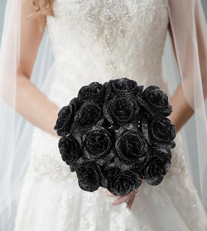 Black Glitter Roses,30PCS Fake Roses Flowers Artificial Roses with Stems for DIY Crafts Wedding Bouquet Party Home Decor(Black)