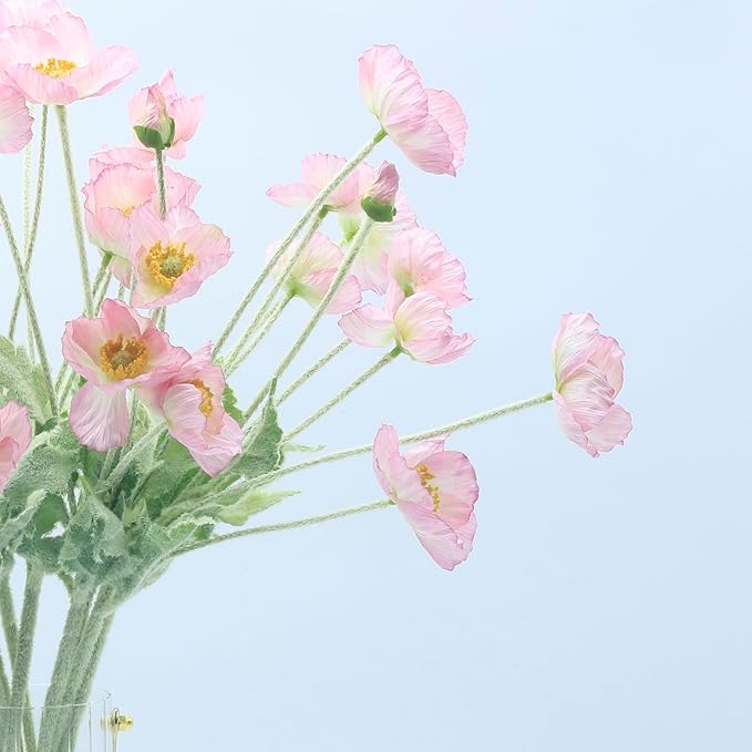2 Pcs Artificial Fake Flowers Plants Poppies Silk Flower Arrangements Wedding Bouquets Decorations Plastic Floral Table Centerpieces for Home Kitchen Garden Party Decor Approx 23.6" High - Light Pink