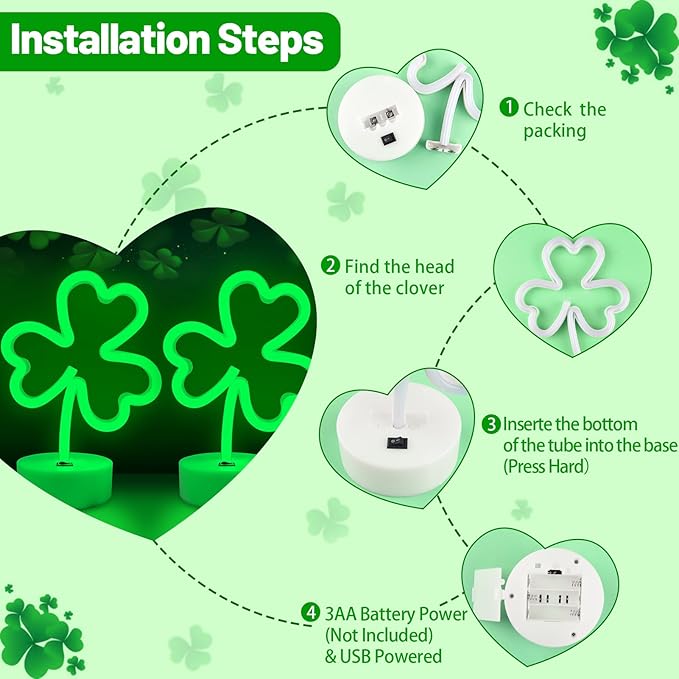 BRIGHTDECK 2 Pack Clover Neon Signs, LED Lights Battery Operated or USB Powered Decoration Lamp, Neon Lights Decor for St. Patrick's Day Gifts, Wedding, Party, Room Decor(Clover)