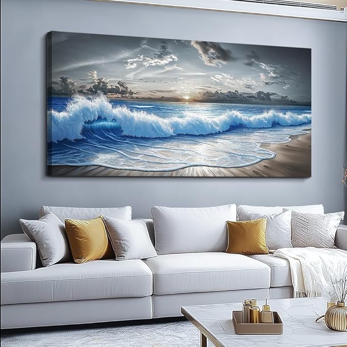 PHAOHUAXM Wall Decor For Living Room Wall Art For Bedroom Office Restaurant Decoration Black White And Blue Ocean Wave Landscape Painting Canvas Pictures Printing Artworks Modern Home Decor 20"X40"