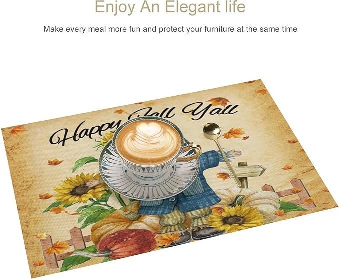 Autumn Scarecrow Placemats Farmhouse Rustic Vintage Brown Sunflower Pumpkin Flower Maple Thanksgiving Placemats Table Kitchen Dining Party 12x18 Inch Set of 4
