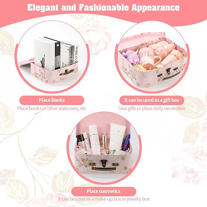 Set of 3 Paperboard Suitcases Storage Box Storage Gift Boxes With Lids for Photo Storage Home Decoration, Wedding, Birthday, Anniversary and New Year Gift Decoration (3Pcs, Pink Flowers)